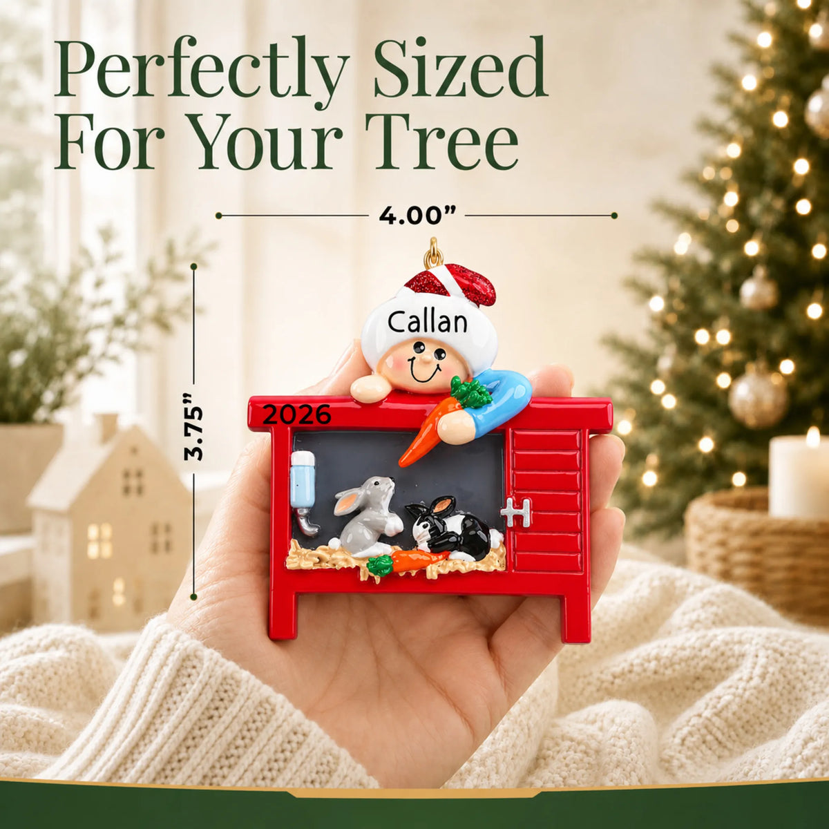 Size guide: the personalized Pet Bunny Rabbits christmas ornament is 4.00 in wide by 3.75 in tall, shown in hand