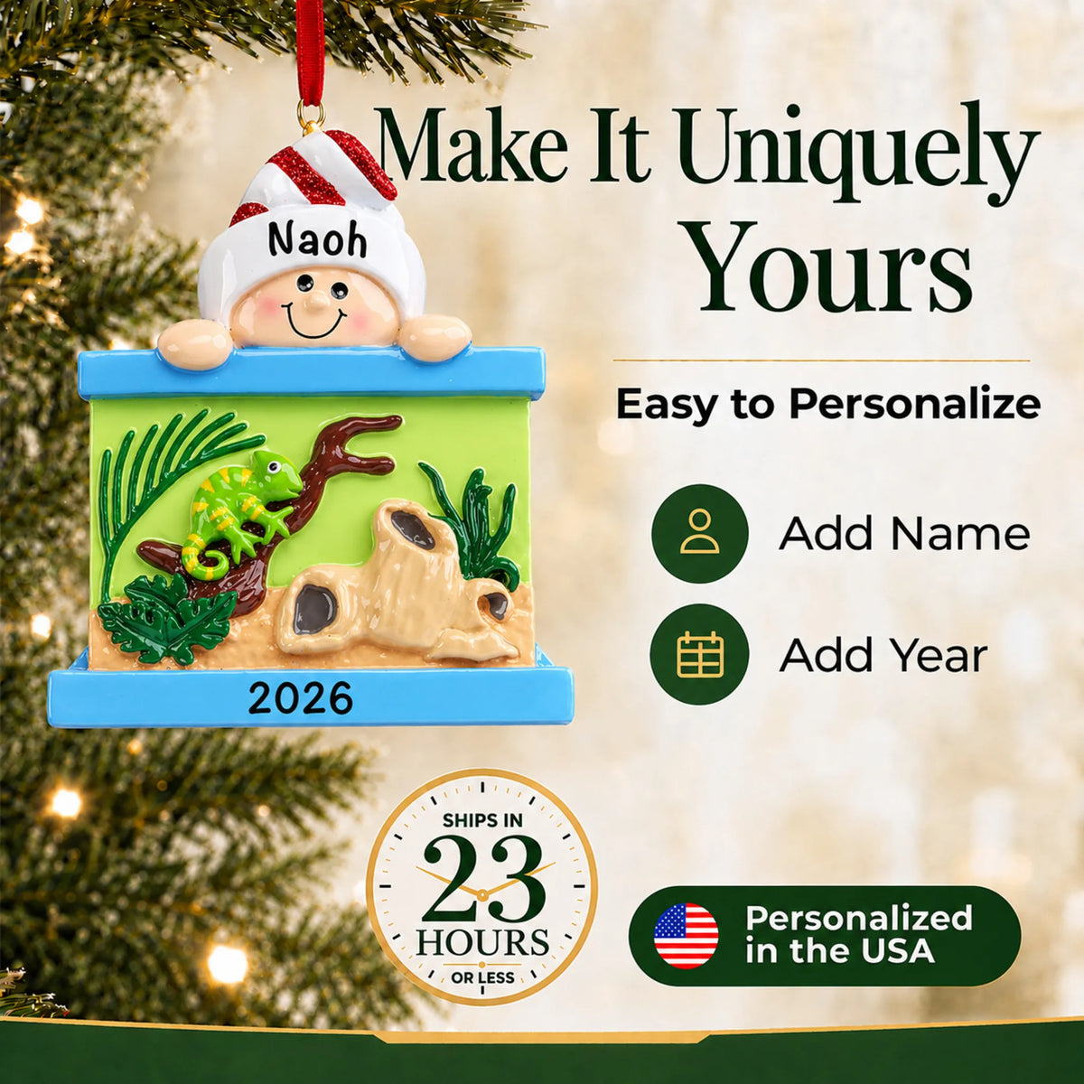 Make it yours: personalize the Reptile Lover christmas ornament with a name and the year