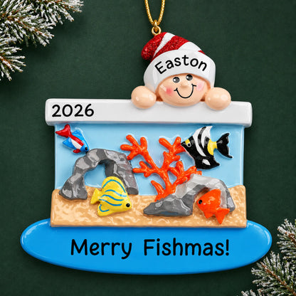 Personalized Fish Aquarium christmas ornament on a dark green pine background