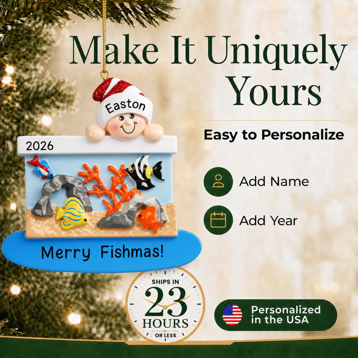 Make it yours: personalize the Fish Aquarium christmas ornament with a name and the year