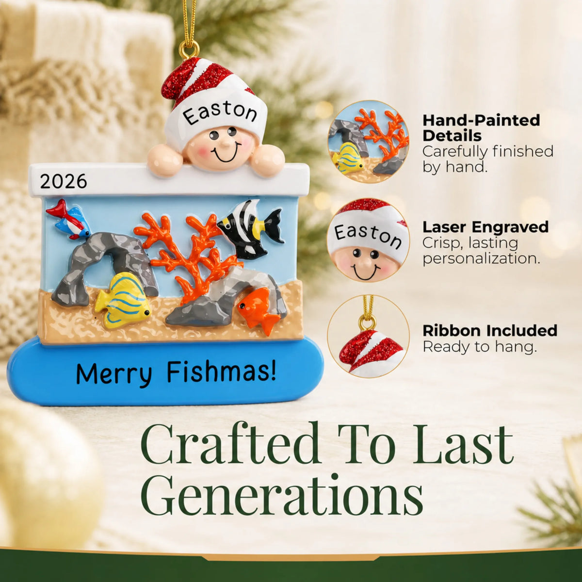 Hand-painted, laser engraved Fish Aquarium christmas ornament, ribbon included