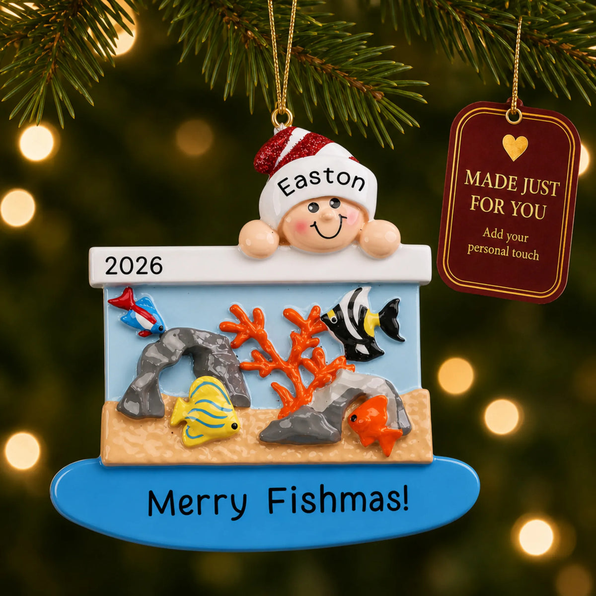 Fish Aquarium christmas ornament hanging on a lit Christmas tree with a Made Just For You gift tag