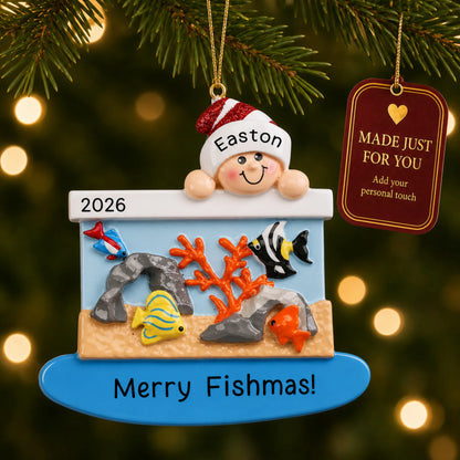Fish Aquarium christmas ornament hanging on a lit Christmas tree with a Made Just For You gift tag