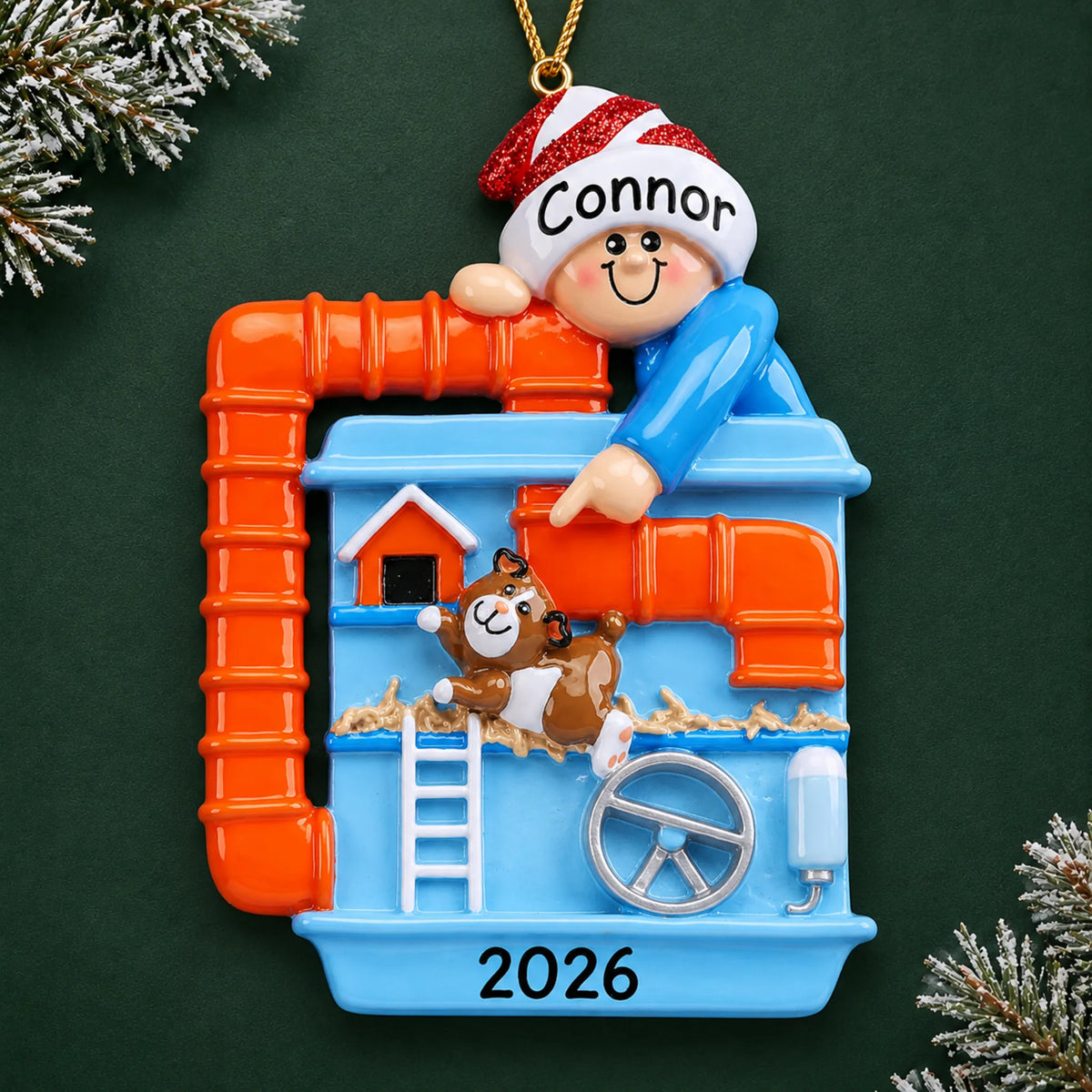 Personalized Hamster & Guinea Pig christmas ornament on a dark green pine background