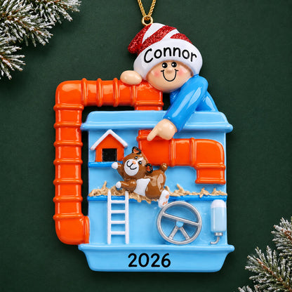 Personalized Hamster & Guinea Pig christmas ornament on a dark green pine background