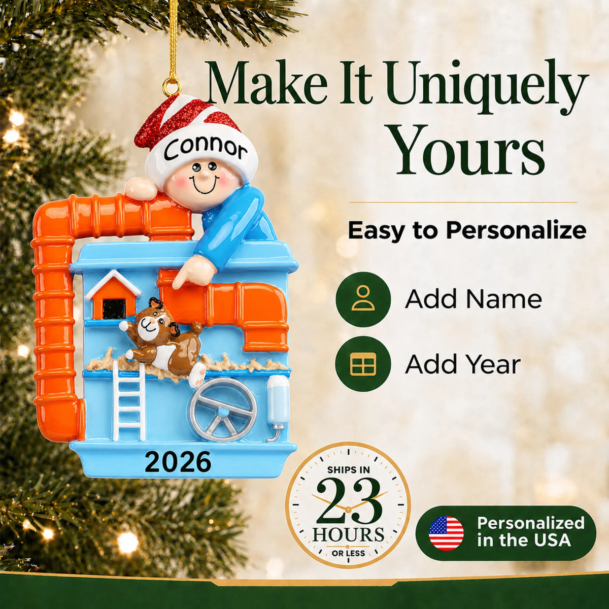 Make it yours: personalize the Hamster & Guinea Pig christmas ornament with a name and the year