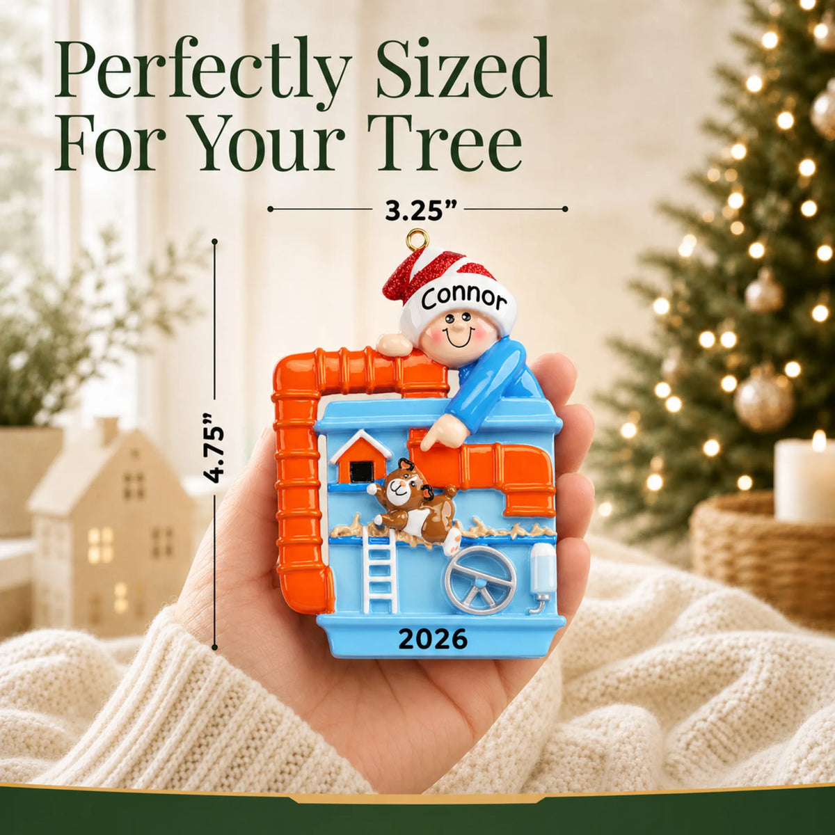 Size guide: the personalized Hamster & Guinea Pig christmas ornament is 3.25 in wide by 4.75 in tall, shown in hand