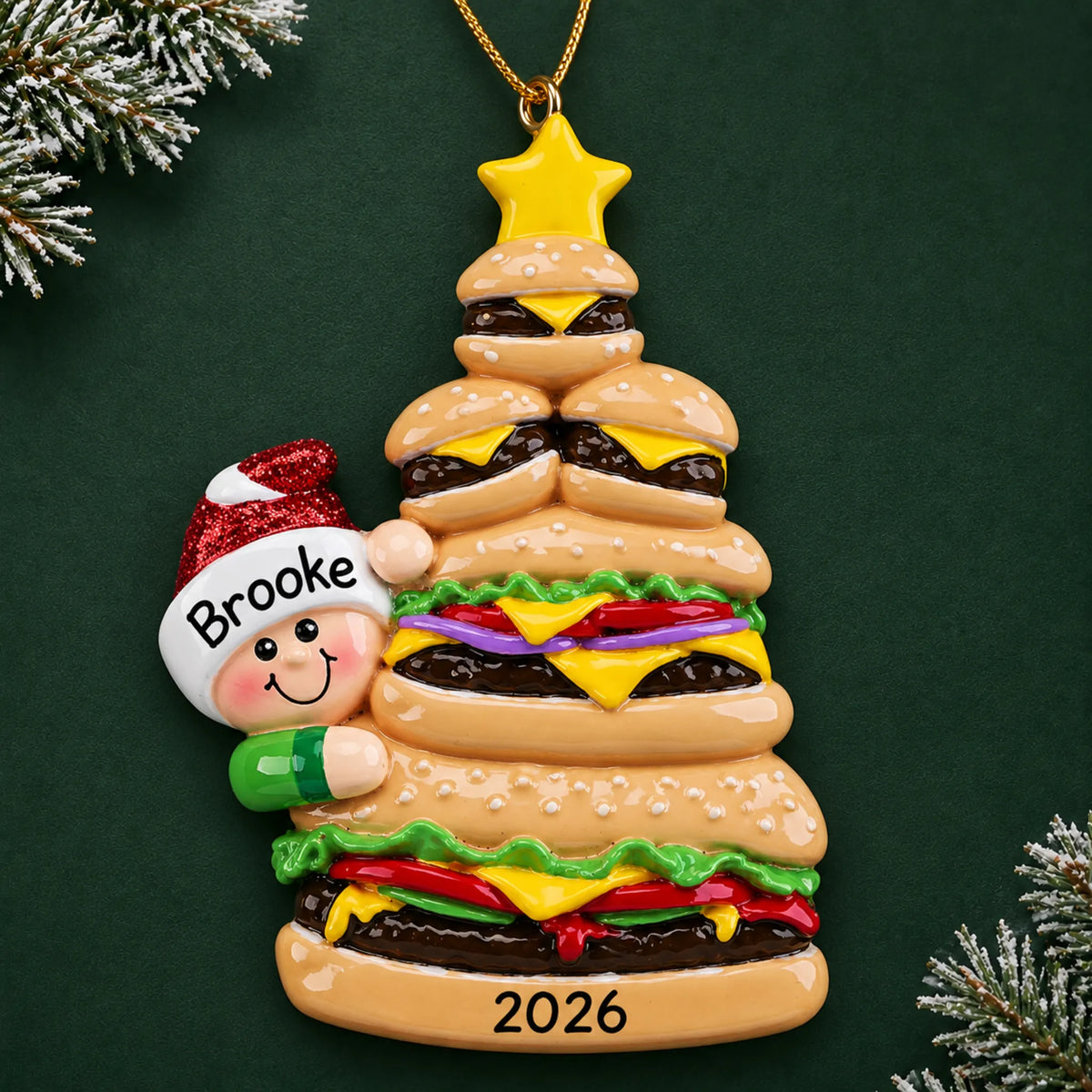 Personalized Burger Fast Food christmas ornament on a dark green pine background