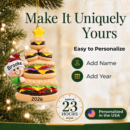 Make it yours: personalize the Burger Fast Food christmas ornament with a name and the year