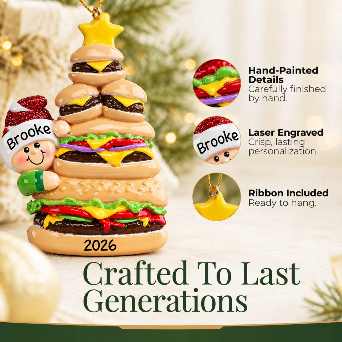 Hand-painted, laser engraved Burger Fast Food christmas ornament, ribbon included
