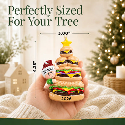 Size guide: the personalized Burger Fast Food christmas ornament is 3.00 in wide by 4.25 in tall, shown in hand