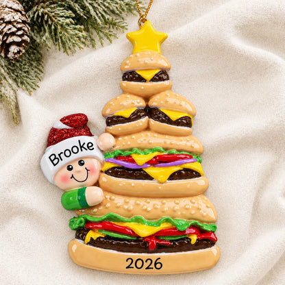 Personalized Burger Fast Food christmas ornament laid on a soft white knit blanket