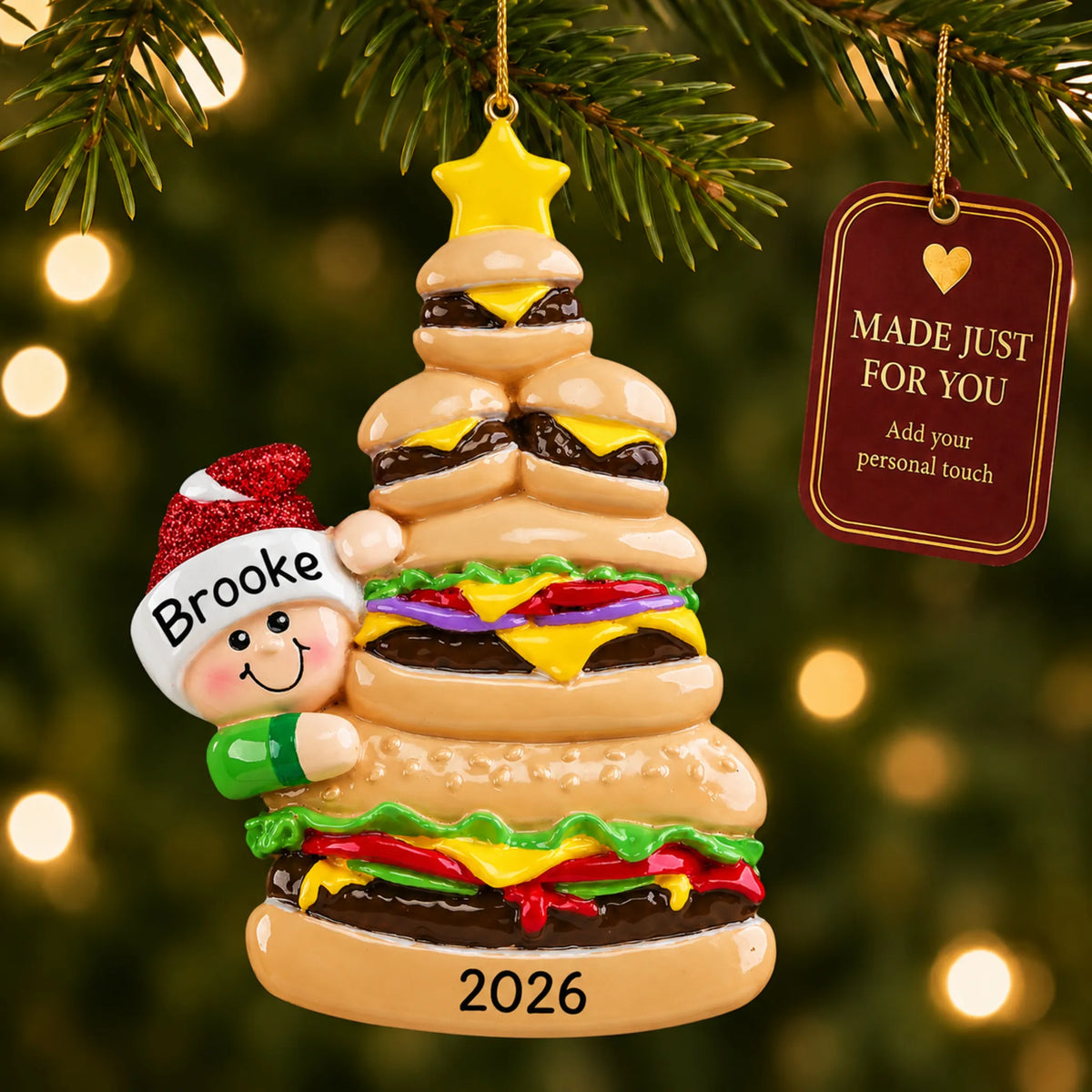 Burger Fast Food christmas ornament hanging on a lit Christmas tree with a Made Just For You gift tag