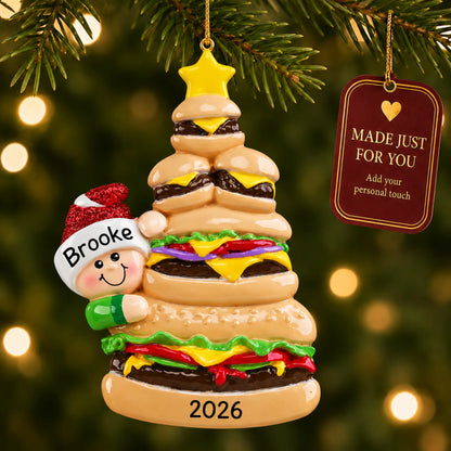 Burger Fast Food christmas ornament hanging on a lit Christmas tree with a Made Just For You gift tag