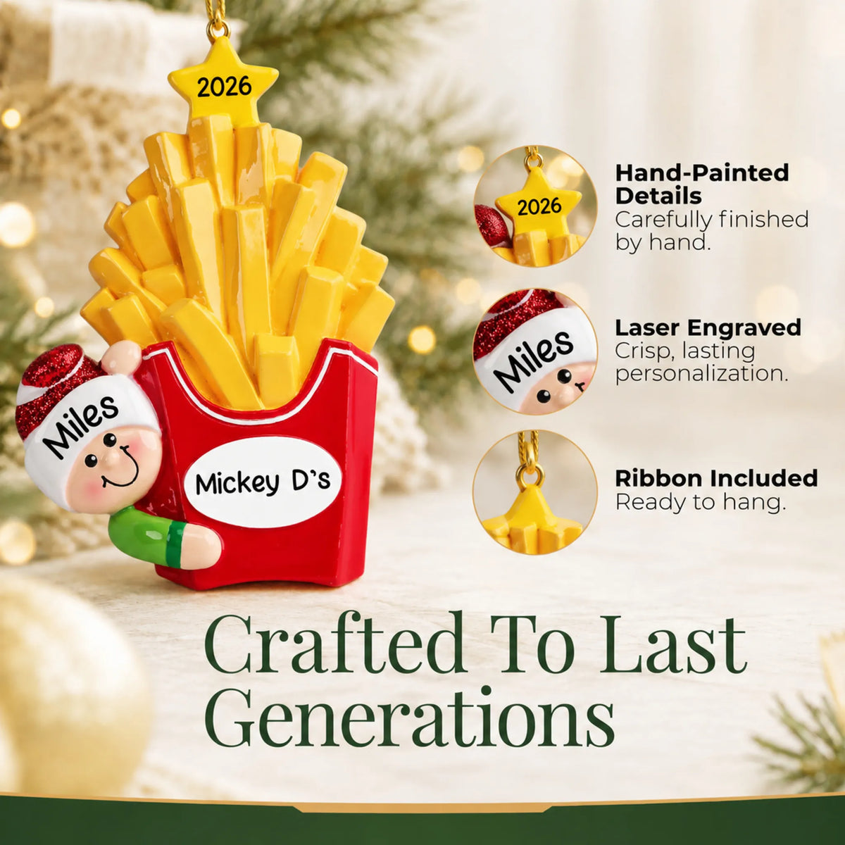 Hand-painted details and laser engraved personalization on the French Fries christmas ornament, ribbon included