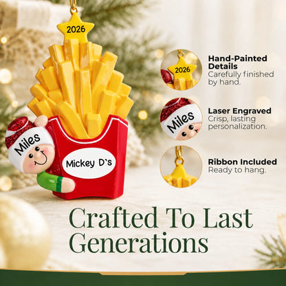 Hand-painted details and laser engraved personalization on the French Fries christmas ornament, ribbon included