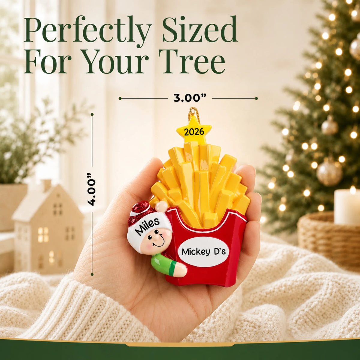 Size guide: the personalized French Fries christmas ornament is 3.00 in wide by 4.00 in tall, shown in hand