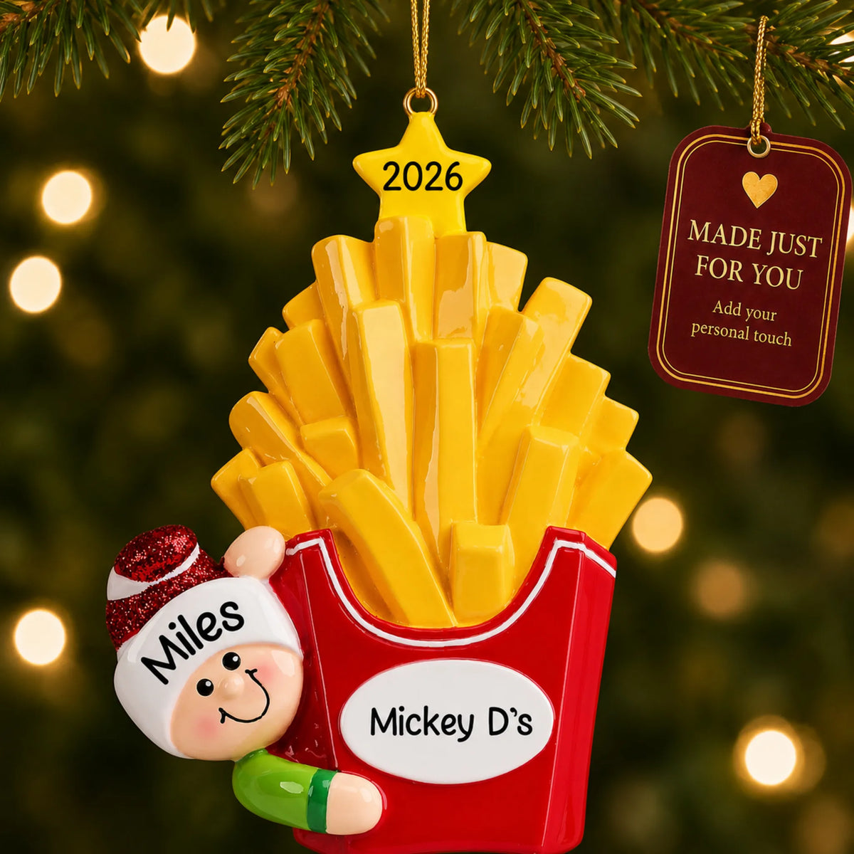 French Fries christmas ornament hanging on a lit Christmas tree with a Made Just For You gift tag