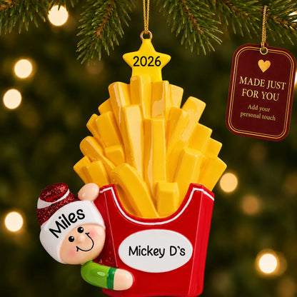 French Fries christmas ornament hanging on a lit Christmas tree with a Made Just For You gift tag