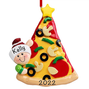 Pizza lover Christmas ornament, realistic pizza slice, custom name and year laser engraved