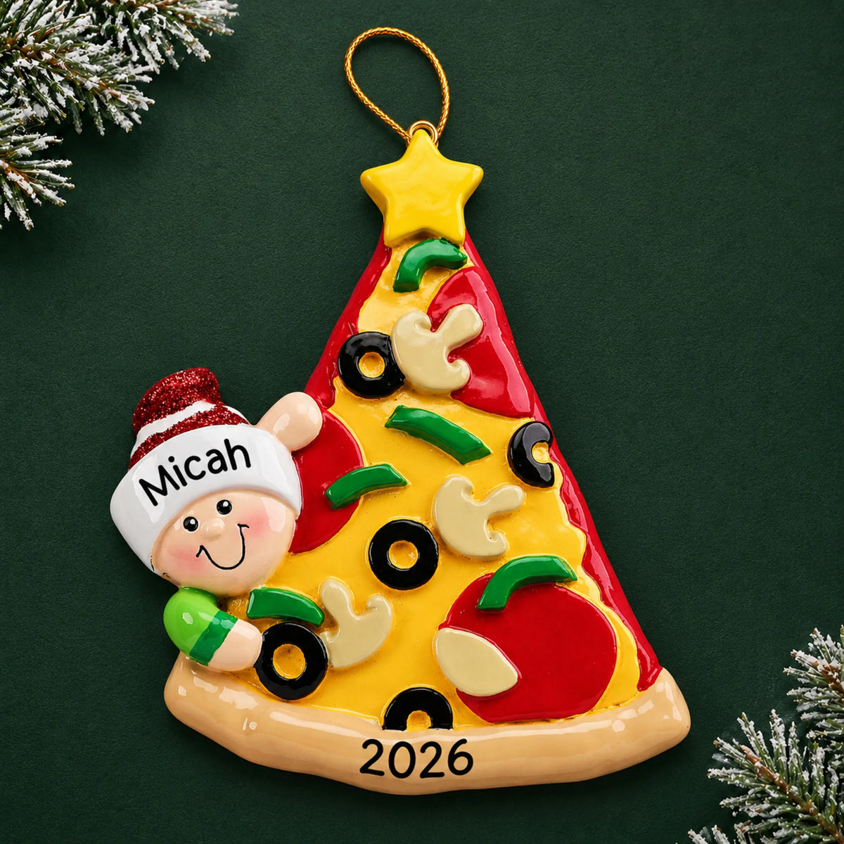 Personalized Pizza Lover christmas ornament on a dark green pine background