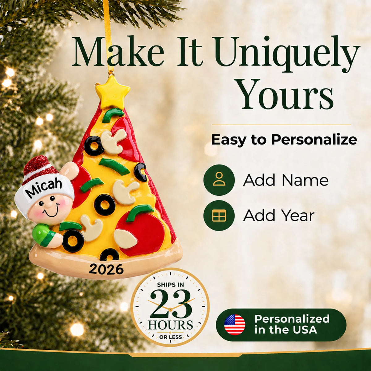 Make it yours: personalize the Pizza Lover christmas ornament