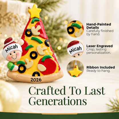 Hand-painted details and laser engraved personalization on the Pizza Lover christmas ornament, ribbon included