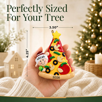 Size guide: the personalized Pizza Lover christmas ornament is 3.50 in wide by 4.25 in tall, shown in hand