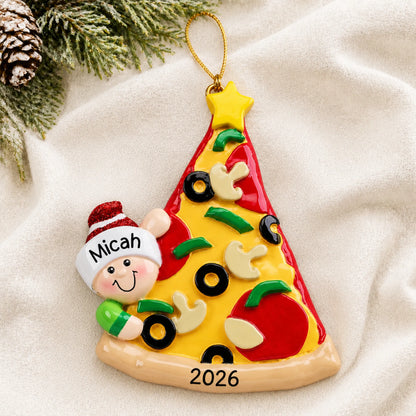 Personalized Pizza Lover christmas ornament laid on a soft white knit blanket