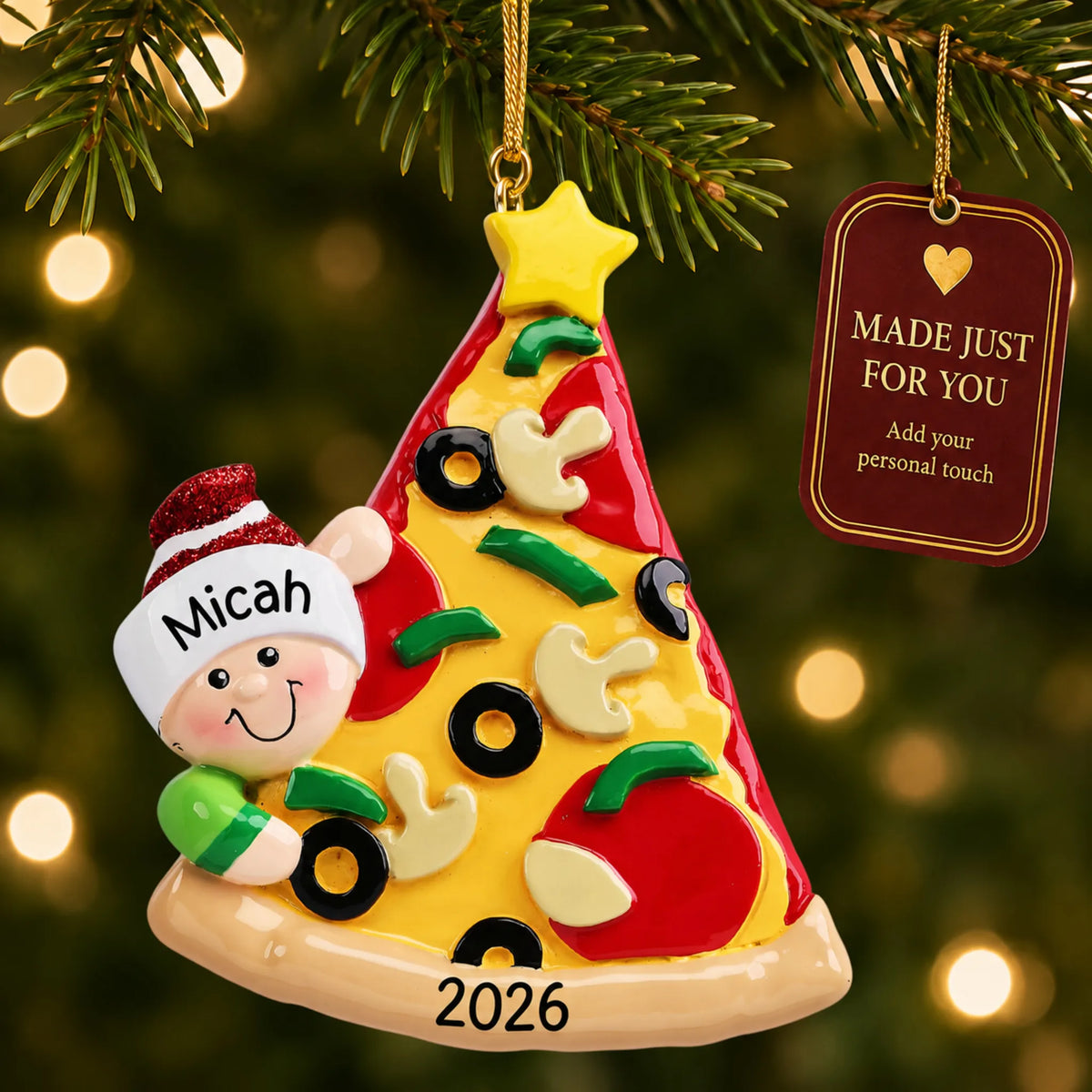 Pizza Lover christmas ornament hanging on a lit Christmas tree with a Made Just For You gift tag