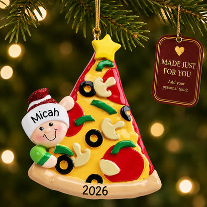 Pizza Lover christmas ornament hanging on a lit Christmas tree with a Made Just For You gift tag