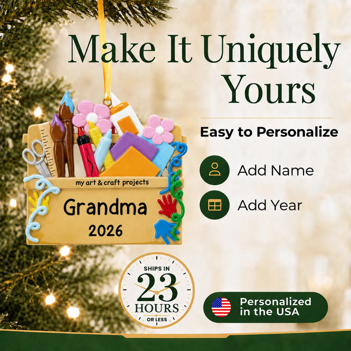 Make it yours: add name and year to the personalized arts and craft supplies christmas ornament