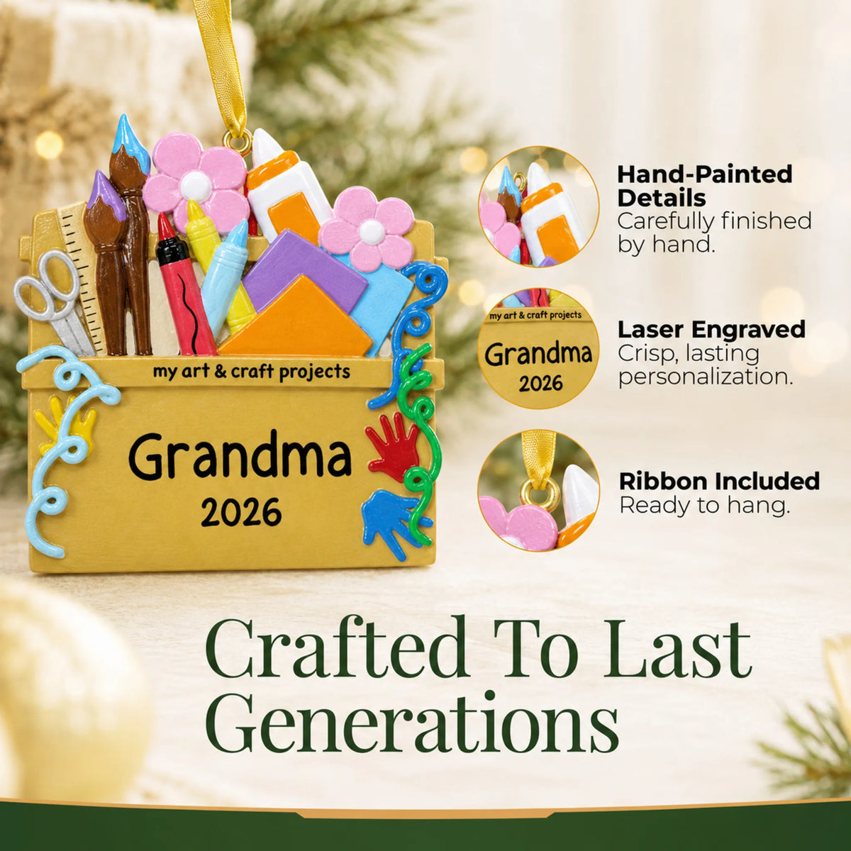 Hand-painted details and laser engraved personalization on the arts and craft supplies christmas ornament, ribbon included