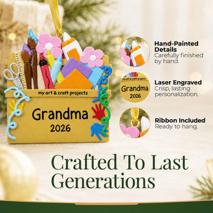 Hand-painted details and laser engraved personalization on the arts and craft supplies christmas ornament, ribbon included