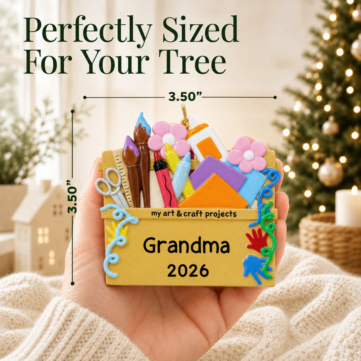 Size guide: the personalized arts and craft supplies christmas ornament is 3.50 in wide by 3.50 in tall, shown in hand