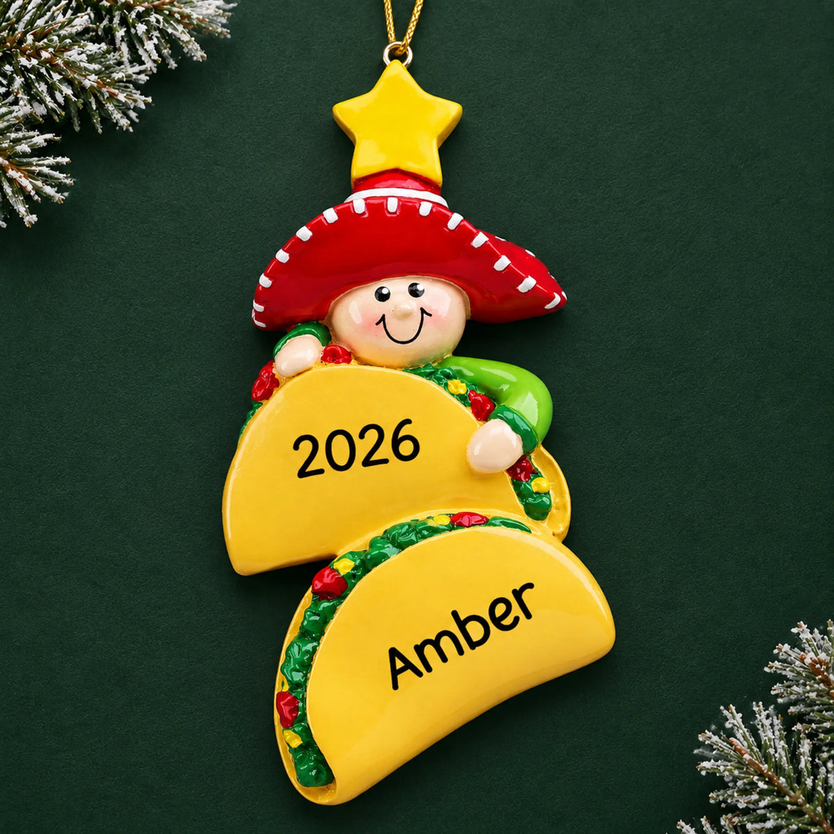 Personalized Taco Lover christmas ornament on a dark green pine background