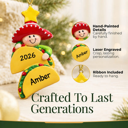 Hand-painted details and laser engraved personalization on the Taco Lover christmas ornament, ribbon included