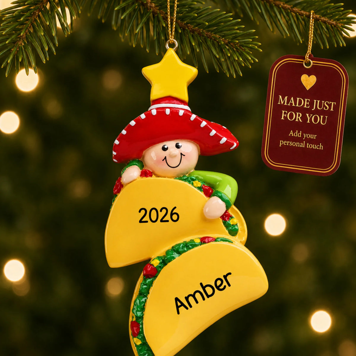 Taco Lover christmas ornament hanging on a lit Christmas tree with a Made Just For You gift tag