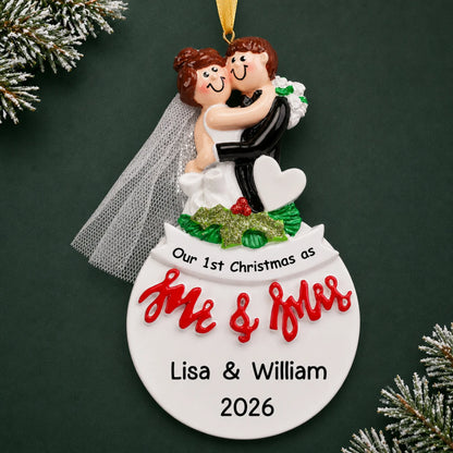 Personalized Mr. & Mrs. bride and groom Christmas ornament with a couple above a globe, names and year