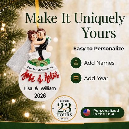 How to personalize the Mr. & Mrs. bride and groom Christmas ornament: add names and year, ships in 23 hours