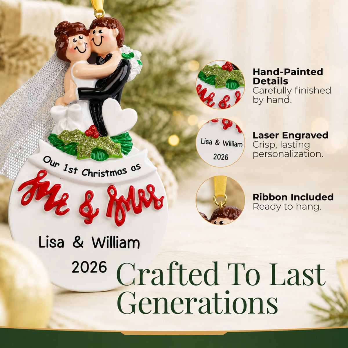Close-up of the personalized Mr. & Mrs. bride and groom Christmas ornament: hand-painted detail, laser engraving