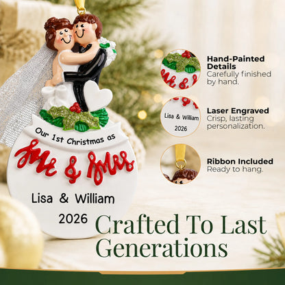 Close-up of the personalized Mr. & Mrs. bride and groom Christmas ornament: hand-painted detail, laser engraving