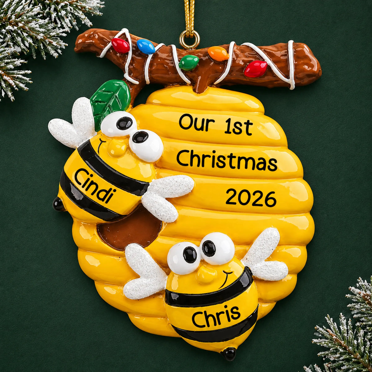 Personalized honey bees couple christmas ornament on a dark green pine background