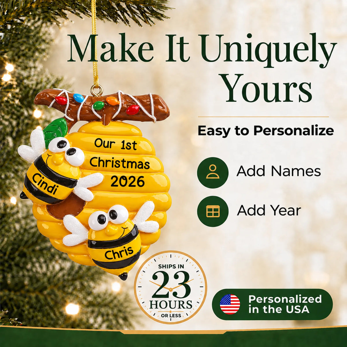Make it yours: add names to the personalized honey bees couple christmas ornament