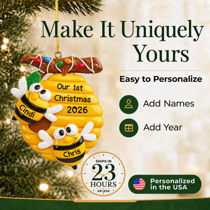 Make it yours: add names to the personalized honey bees couple christmas ornament