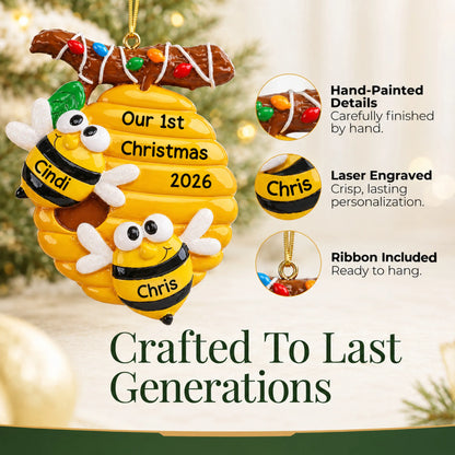 Hand-painted details and laser engraved personalization on the honey bees couple christmas ornament, ribbon included