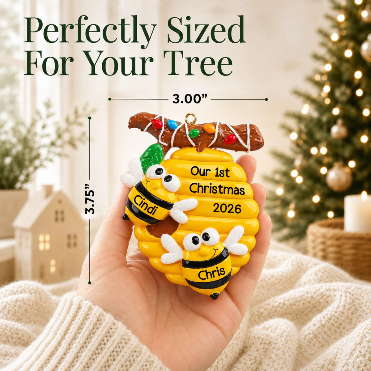 Size guide: the personalized honey bees couple christmas ornament is 3.00 in wide by 3.75 in tall, shown in hand