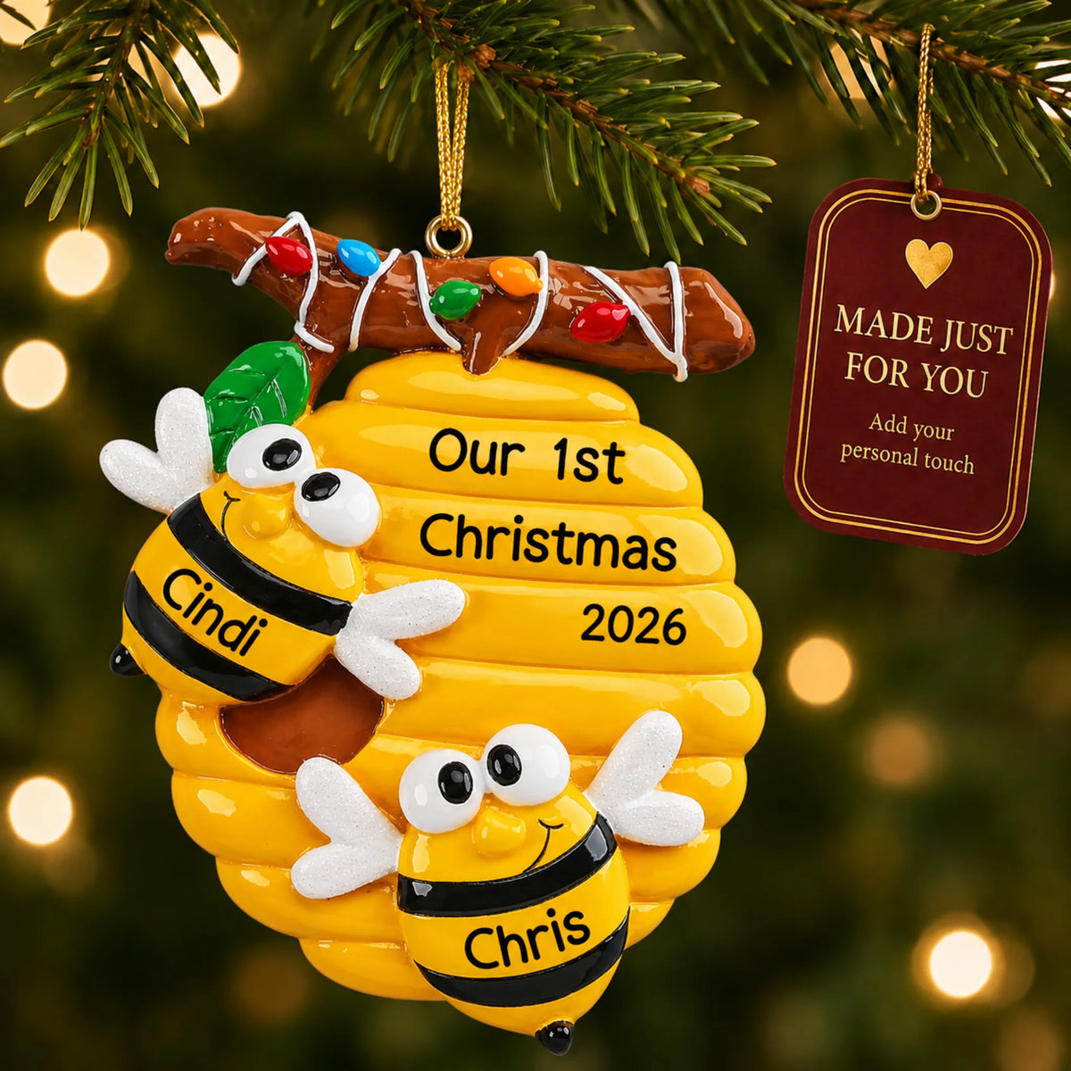 Honey bees couple christmas ornament hanging on a lit Christmas tree with a Made Just For You gift tag