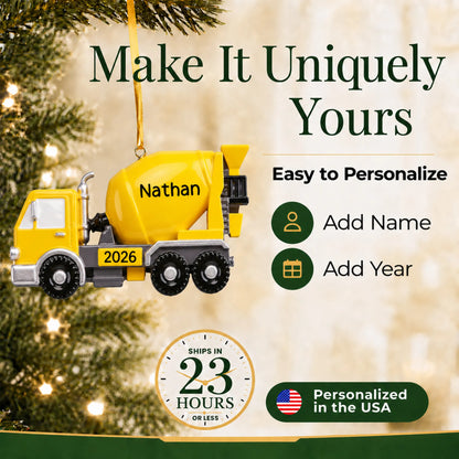 Make it yours: add name and year to the personalized cement truck christmas ornament