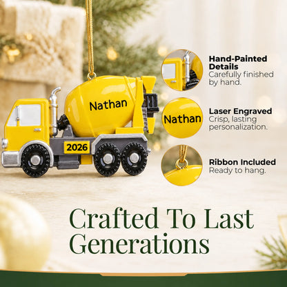 Hand-painted details and laser engraved personalization on the cement truck christmas ornament, ribbon included